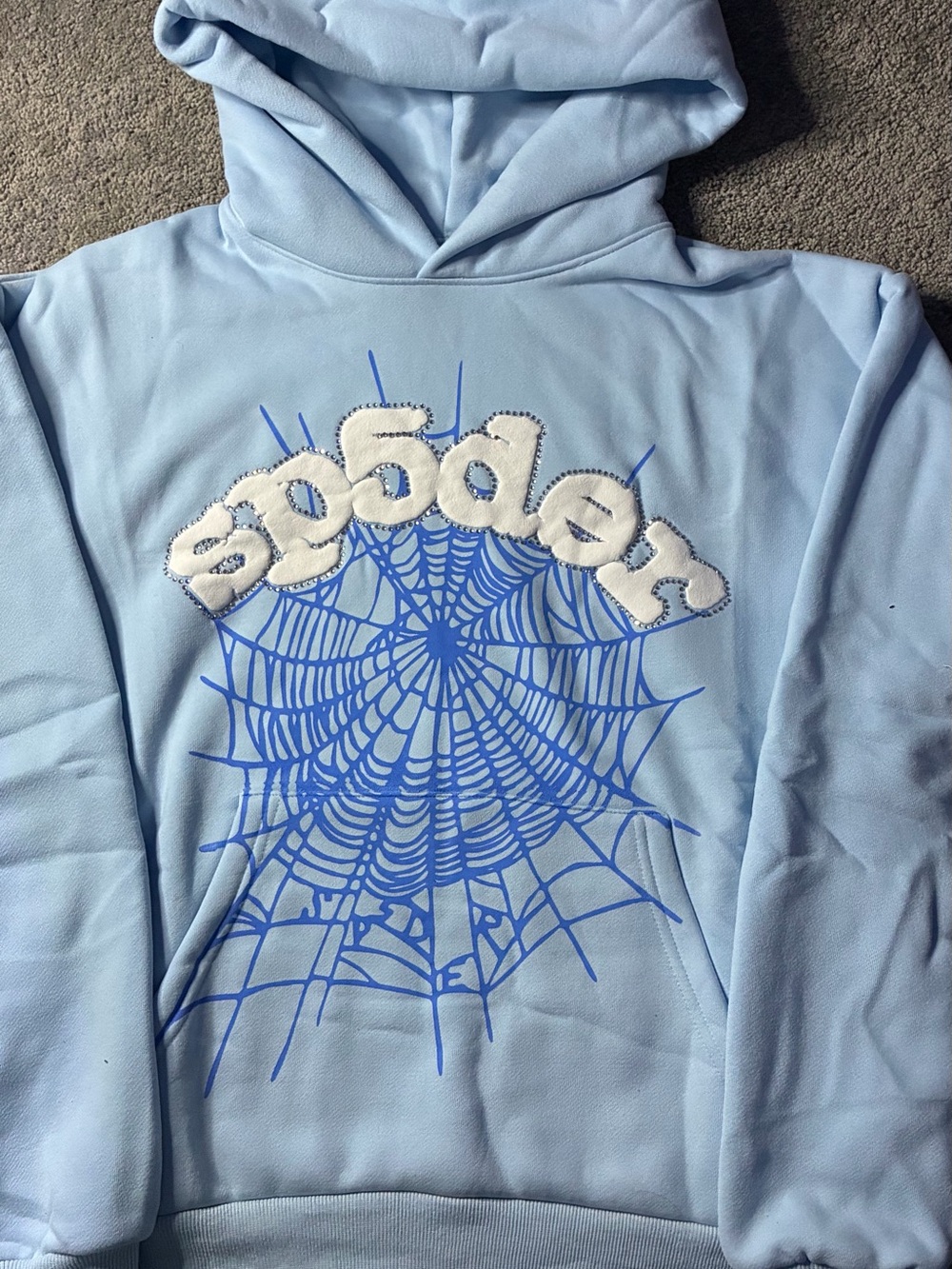 Men's Light Blue Graphic Hooded Sweatshirt with Spiderweb Design